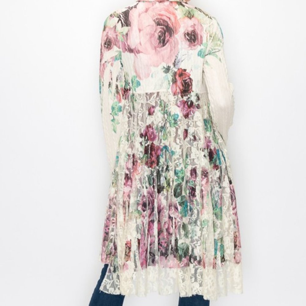 new ORIGAMI SWEATER CARDIGAN DUSTER floral big rose lace boho western SM-3X CHIC - Picture 4 of 6